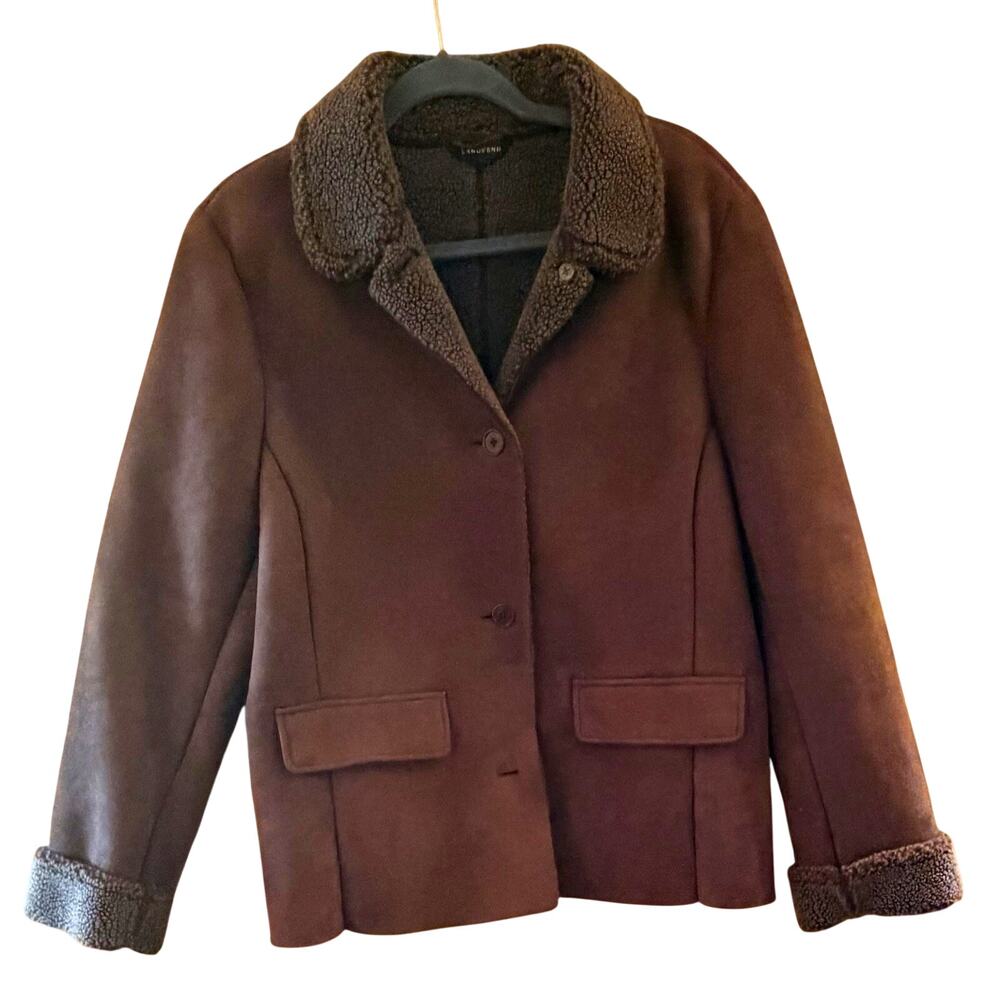 Lands' End Womens Chocolate Brown Faux Suede Shearling Jacket Sz L Chore Cabin
